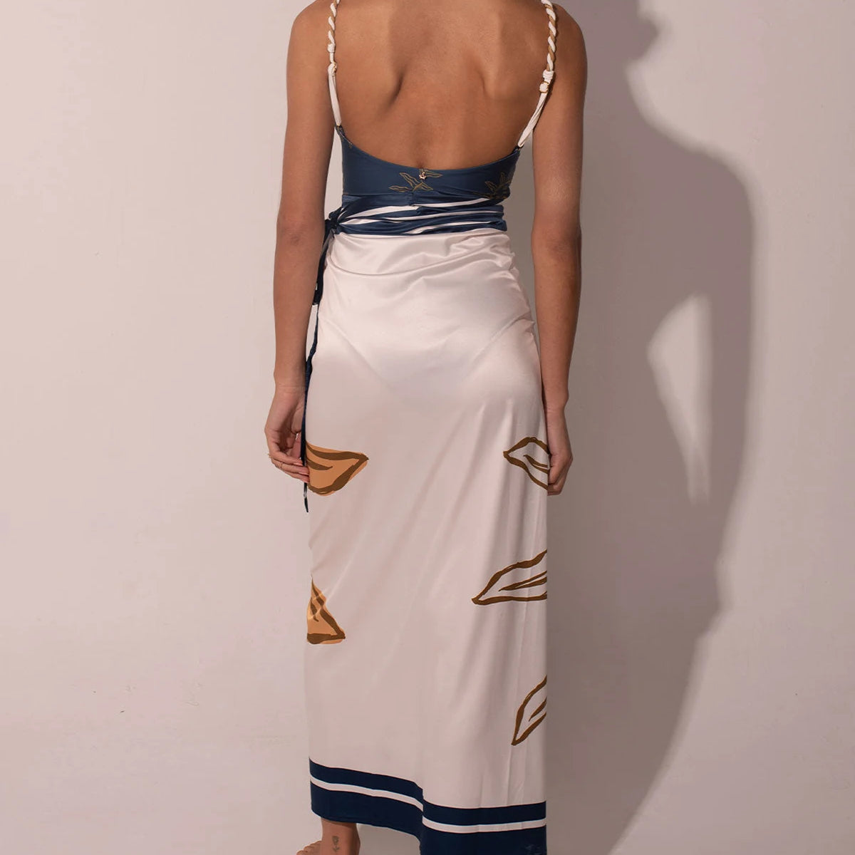 Fashion Blue Sexy Vintage Women's Swimwear Sun Printed Featured Design Hollow Out One Piece Bikini With Long Skirt 2024 Seaside