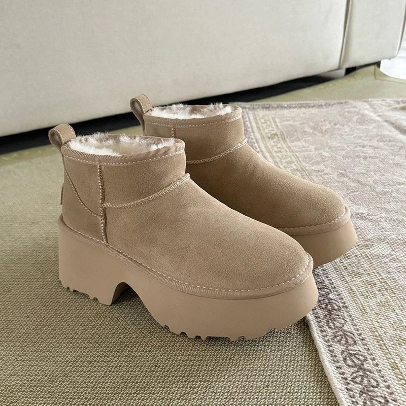 winter Snow boots Women's thick heels ankle ladies platform slippe shoes Leather Wool Chestnut