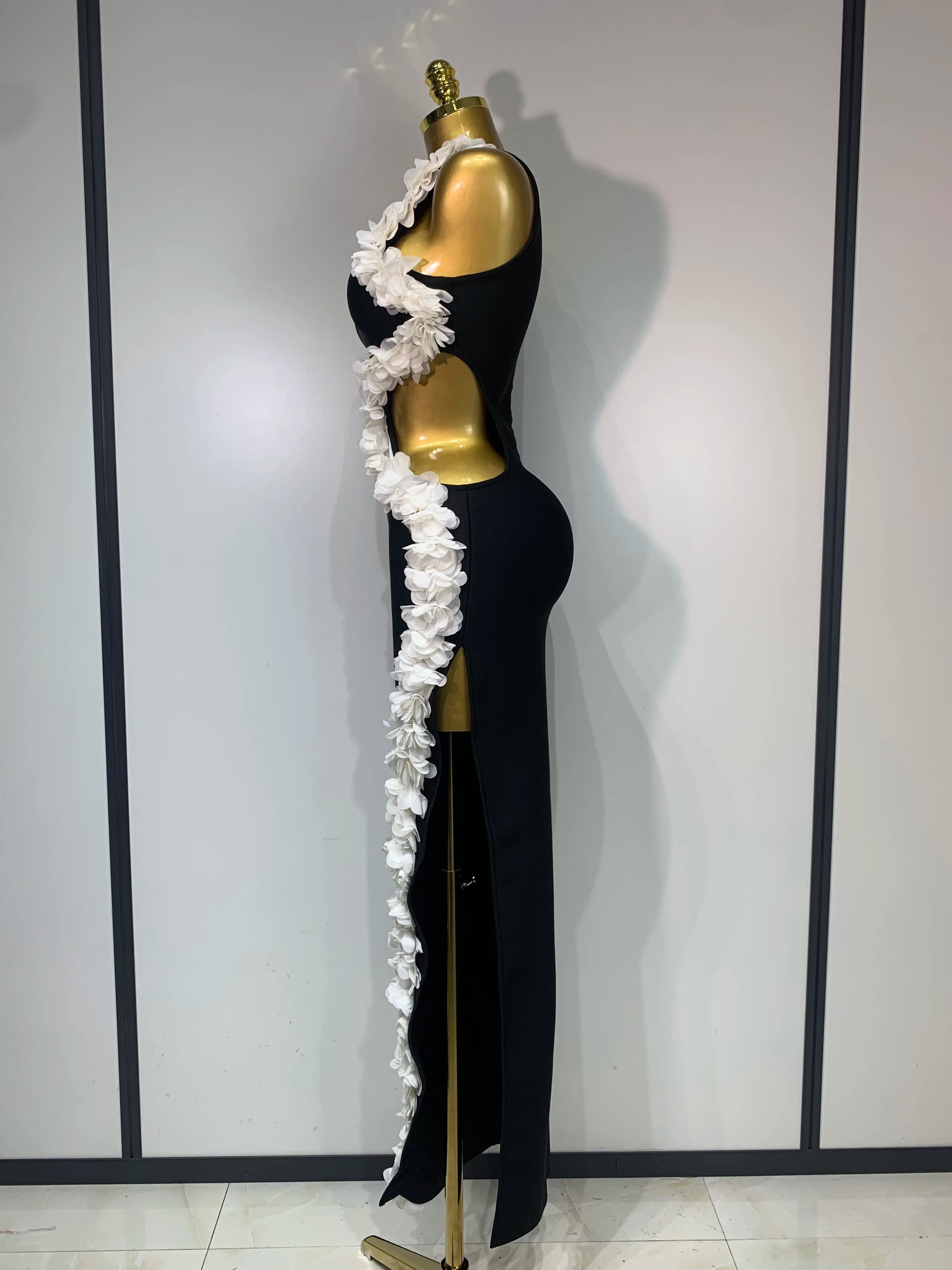 Vestido longo longo com decote redondo e recorte floral, sexy, colado ao corpo, para celebridades, elegante, para festa de aniversário, 2025