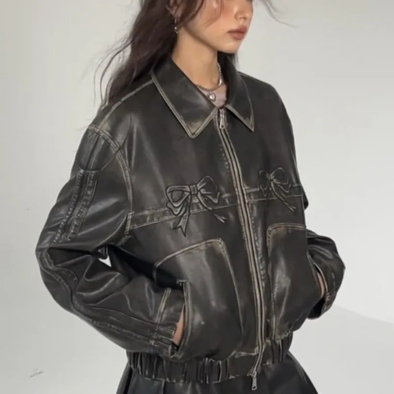 New Bow Y2k Motorcycle PU Leather Jacket Fashion Women Zipper Polo-neck Sweet Cool Coat Autumn Vintage Street Oversize Top b