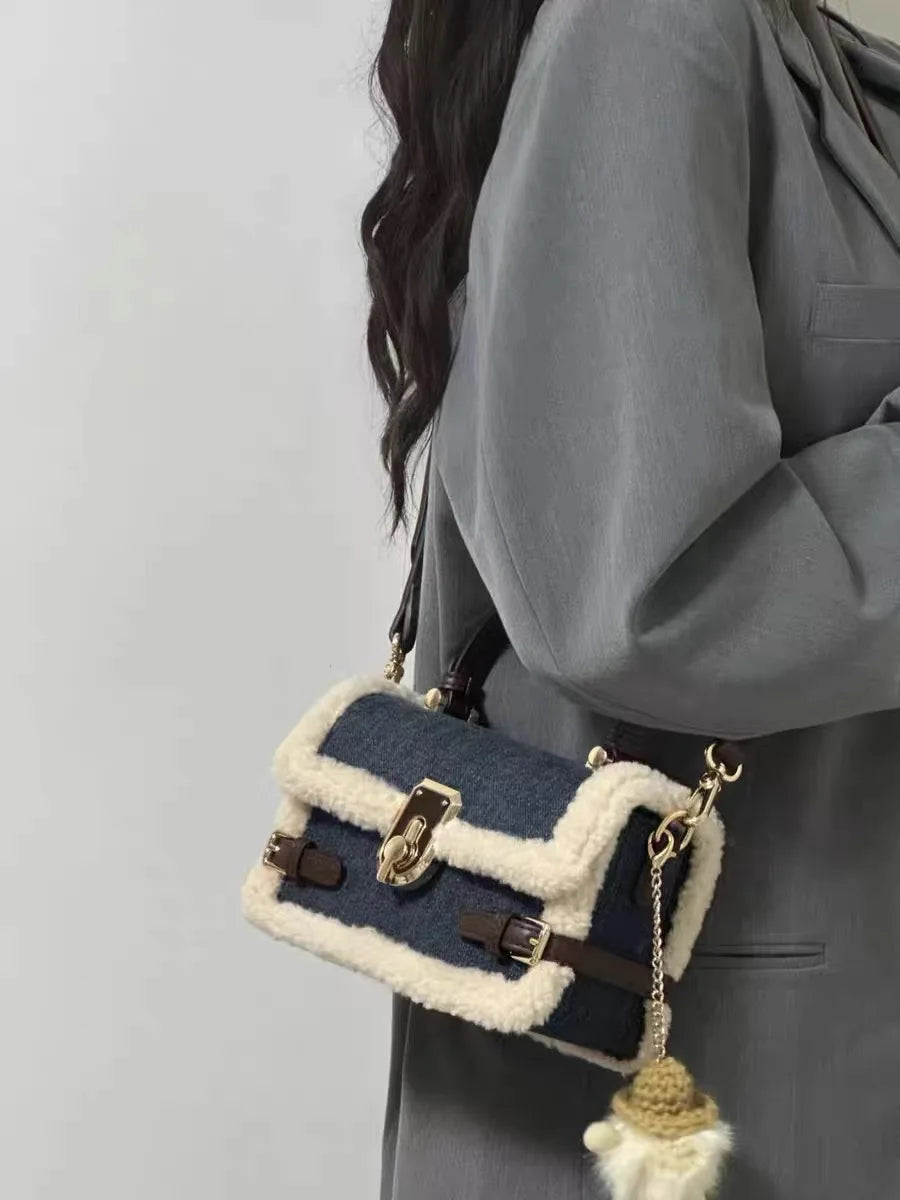 Luxury Women Brand Cashmere and Denim Patchwork Crossbody Bag Retro Flap Messenger Bag