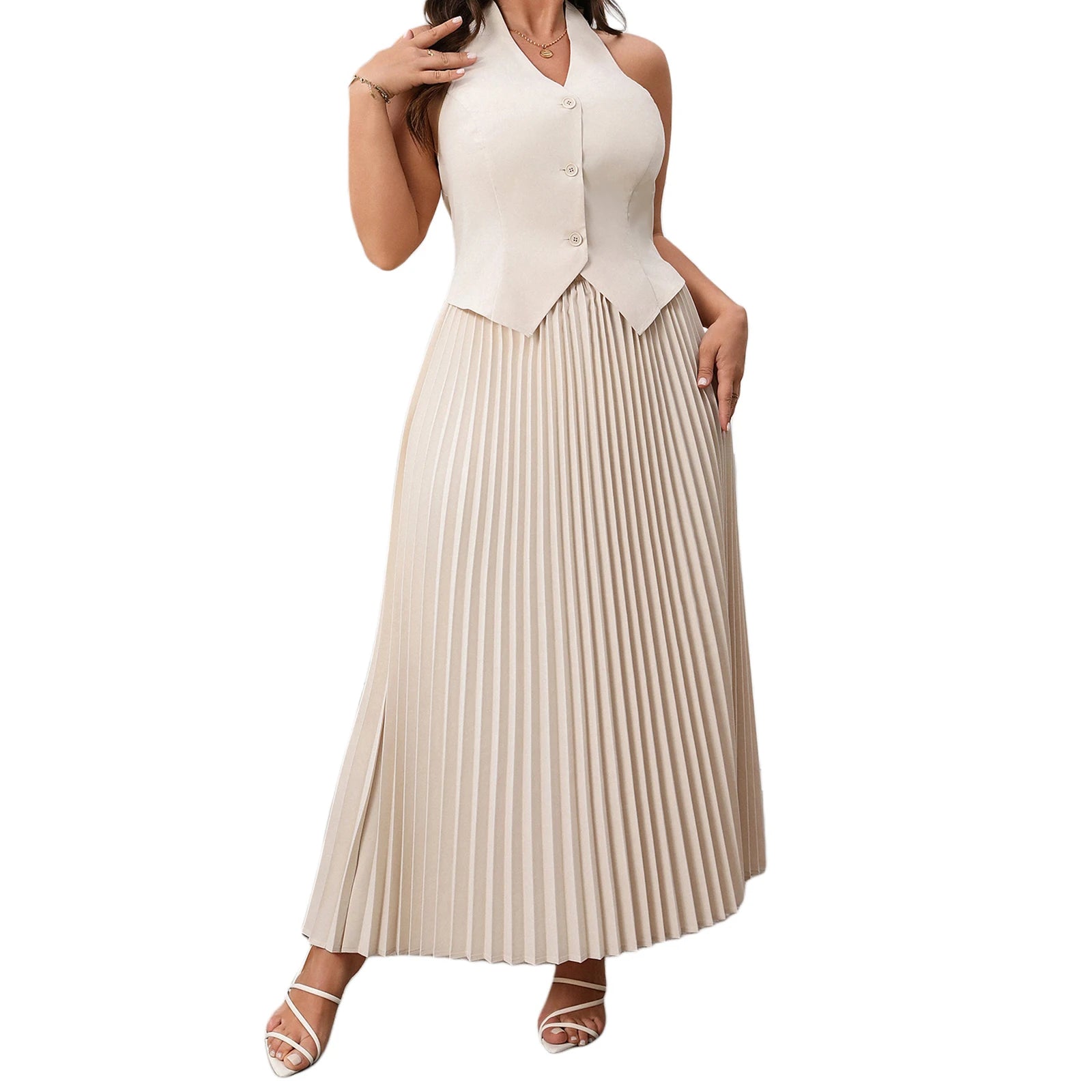 Women's Summer 4XL Plus Size Outfits Fashion Summer Solid Color V-Neck Button Halter Vest and Pleated Skirt Set for Streetwear