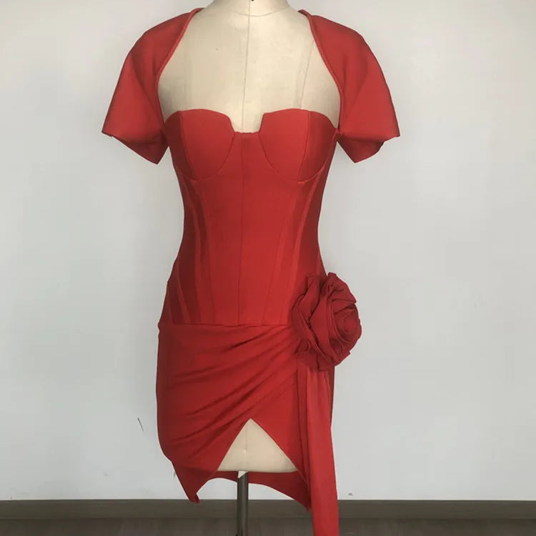 Women Celebrity Sexy Short Sleeve Red Flower Mini Flower Bodycon Bandage Dress 2025 Elegant Evening Club Party Outfit