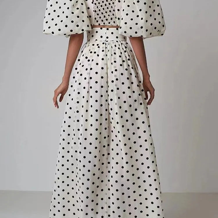 TWOTWINSTYLE elegant Polka dot two piece sets square collar puff sleeve tops high waist split skirt chic set female fashion 2023