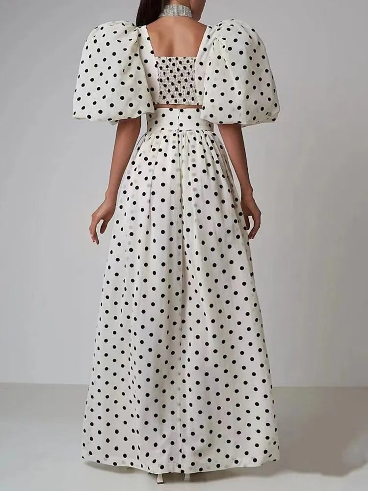TWOTWINSTYLE elegant Polka dot two piece sets square collar puff sleeve tops high waist split skirt chic set female fashion 2023