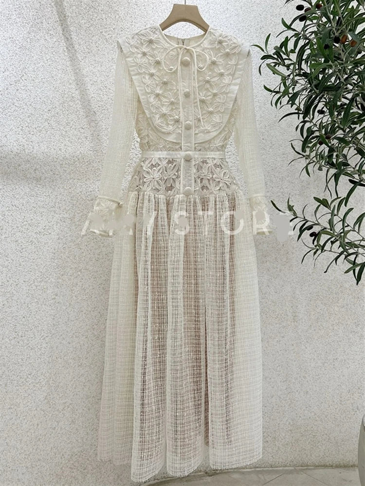Autumn Spring Boho Elegant Party Luxury Dresses Women Dress Embroidery Lace Runway Vintage High Waist Long Sleeve Vestido