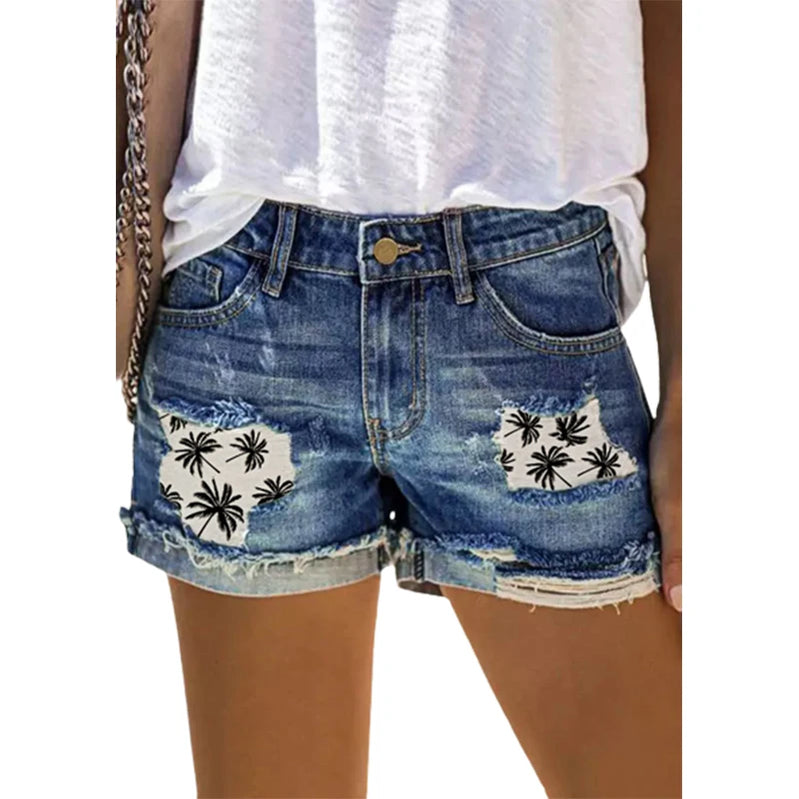 Tree Patch Design Ripped Denim Shorts with Pocket Button Casual Summer Shorts Stretch Raw Hem Jean Shorts Blue