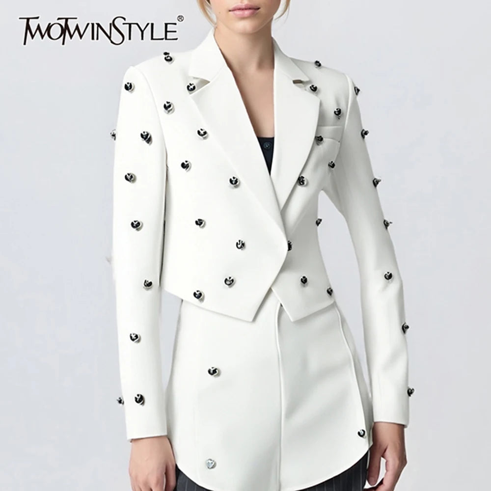 TWOTWINSTYLE Solid Slimming Spliced Bead Fashion Short Jackets for Women Lapel Long Sleeves Temperament Jacket Female Clothing