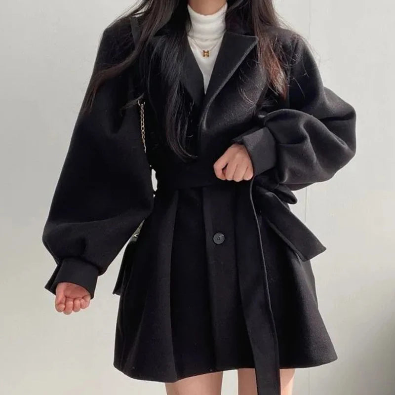 Women Woolen Lace-up Trench Coat With Pockets Turn-down Collar Buttons Long Sleeve TRAF Coat Overcoat Women Fall Winter