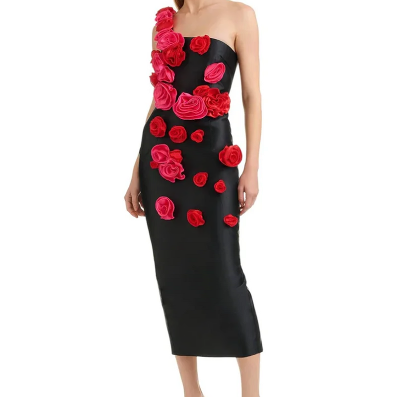 High Quality Red Flowers Strapless Black Bandage Ankle Length Dress Elegant Woman Evening Party Dress Cocktail Party Vestido
