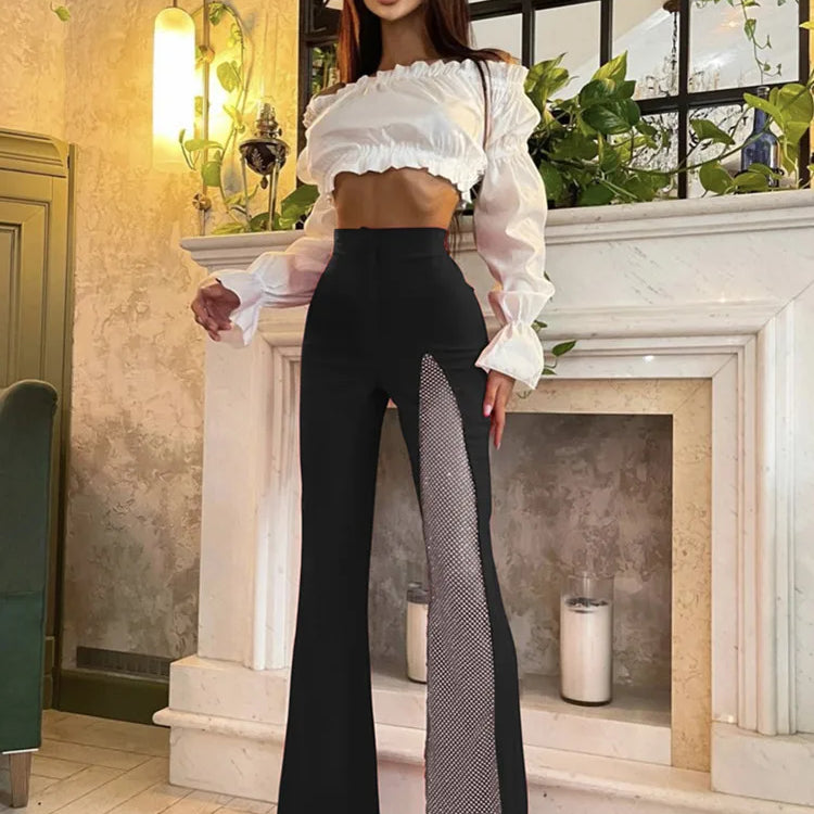 Women Summer Fashion Sexy Black Red White Crystal Dianonds Flare Bandage Pants 2022 Designer Knitted Bodycon Trouser Pants