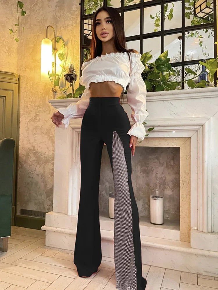 Women Summer Fashion Sexy Black Red White Crystal Dianonds Flare Bandage Pants 2022 Designer Knitted Bodycon Trouser Pants