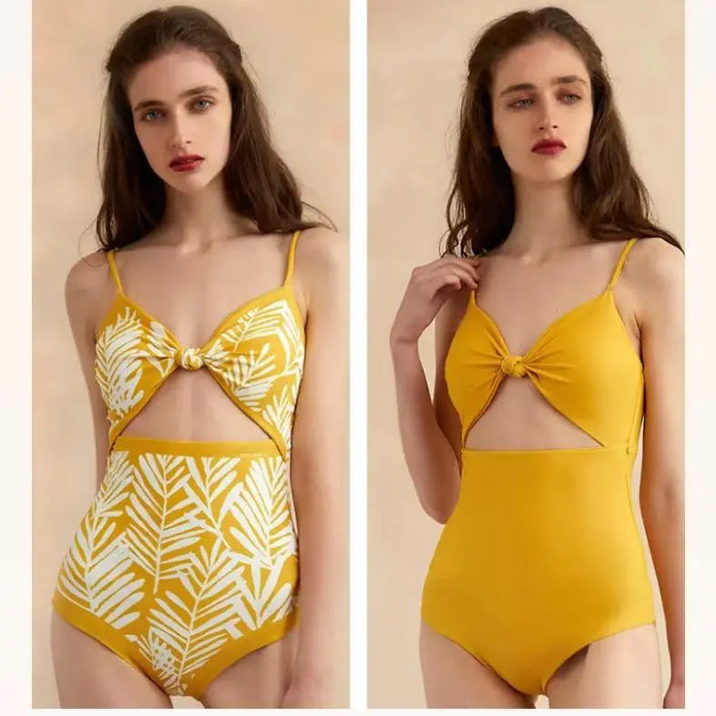 New Vintage Printed Double-sided Wear Swimming Bathing Suit Women Bandage Sexy One Piece Swimsuit Beachwear Swimwear Woman 3-Yellow