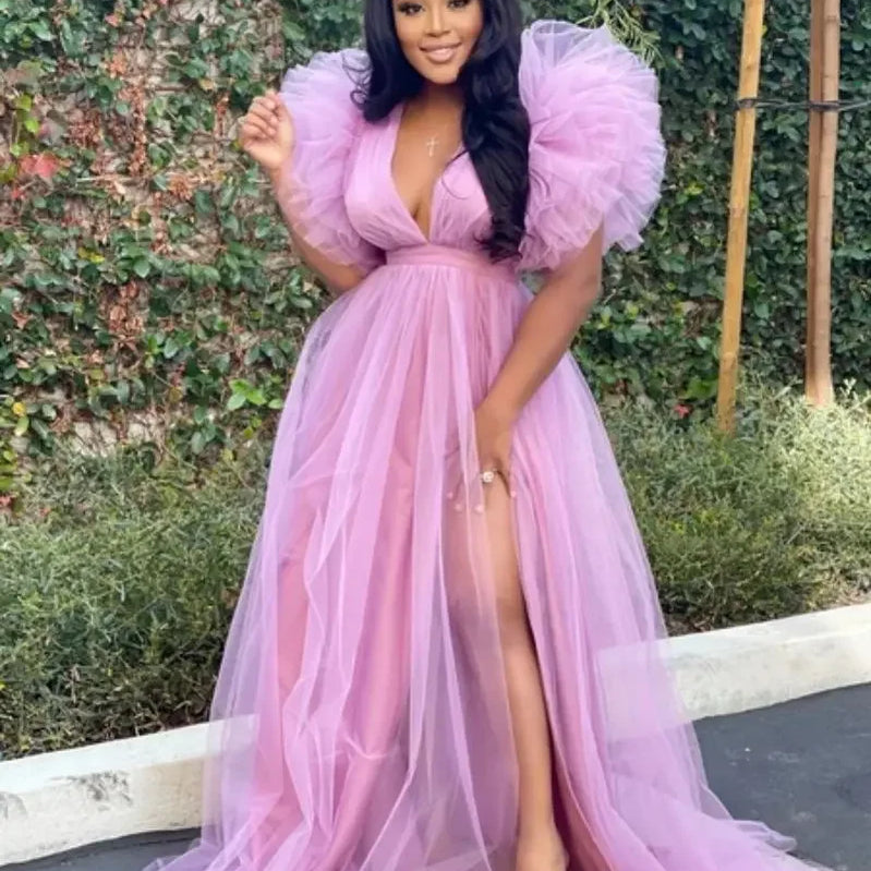 CM.YAYA Women Cascading Ruffles Shoulder High Side Split Mesh Patchwork Maxi Long Dress 2023 sexy even Party Vestidos Dresses