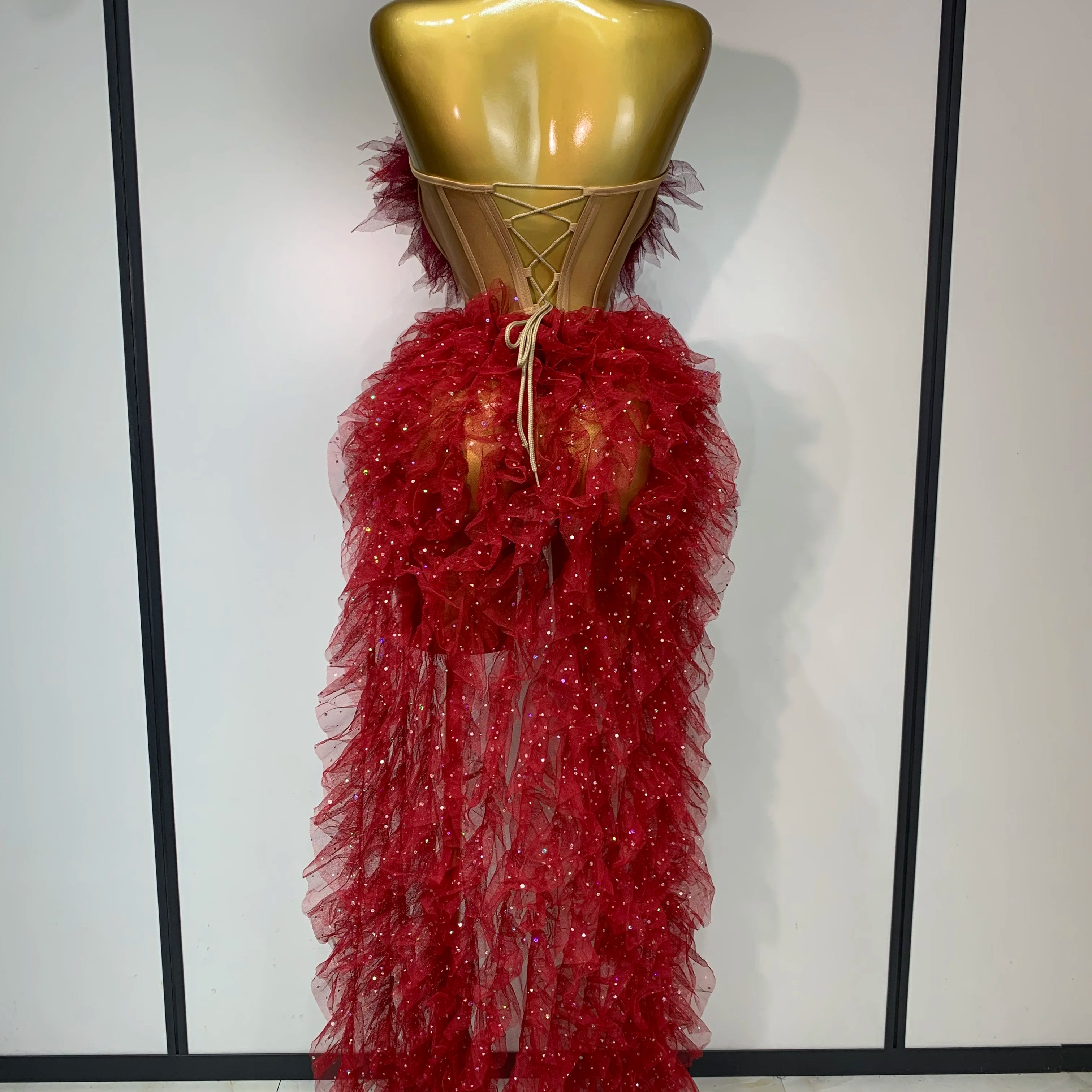 Women Sexy Strapless Mesh two Pieces Set Bodycon Long Dress High Split Nightclub Party Luxury Birthday  Singer Stage Outfit