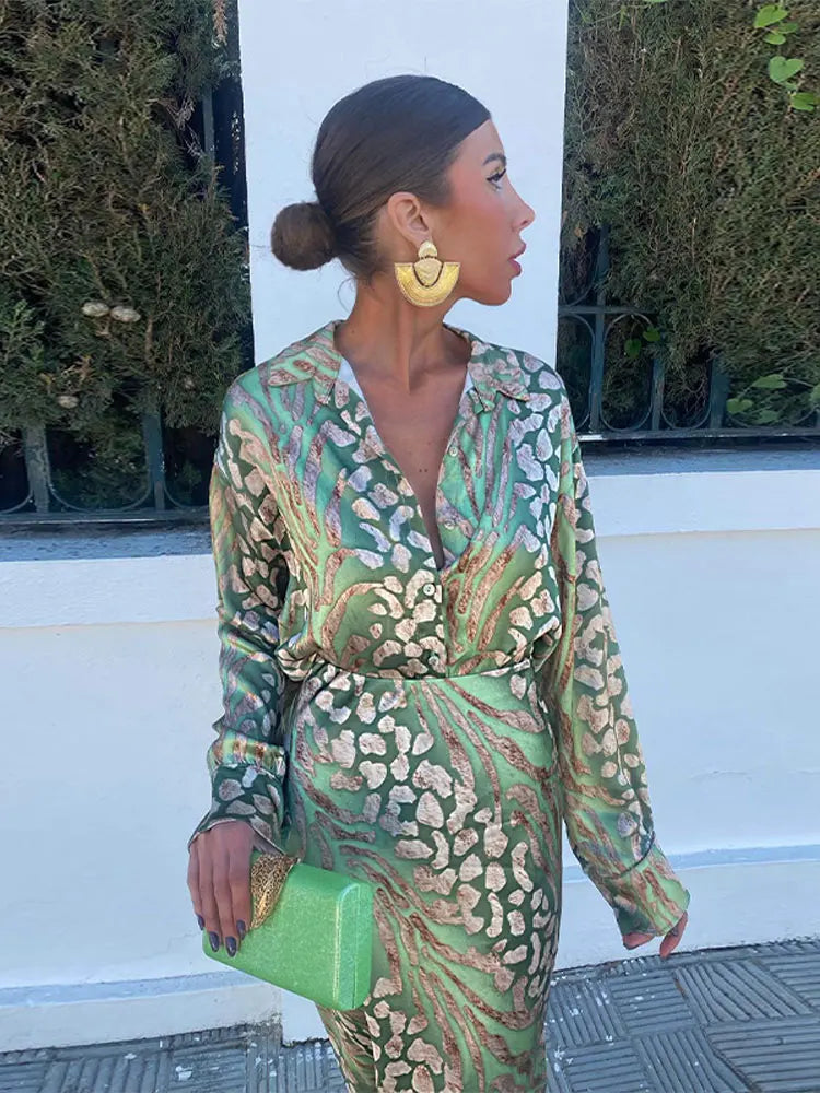 Elegant Printed Shirts Skirts Sets For Women Fashion Lapel Sleeves High Waist 2-piece Suits Summer Lady High Streetwears