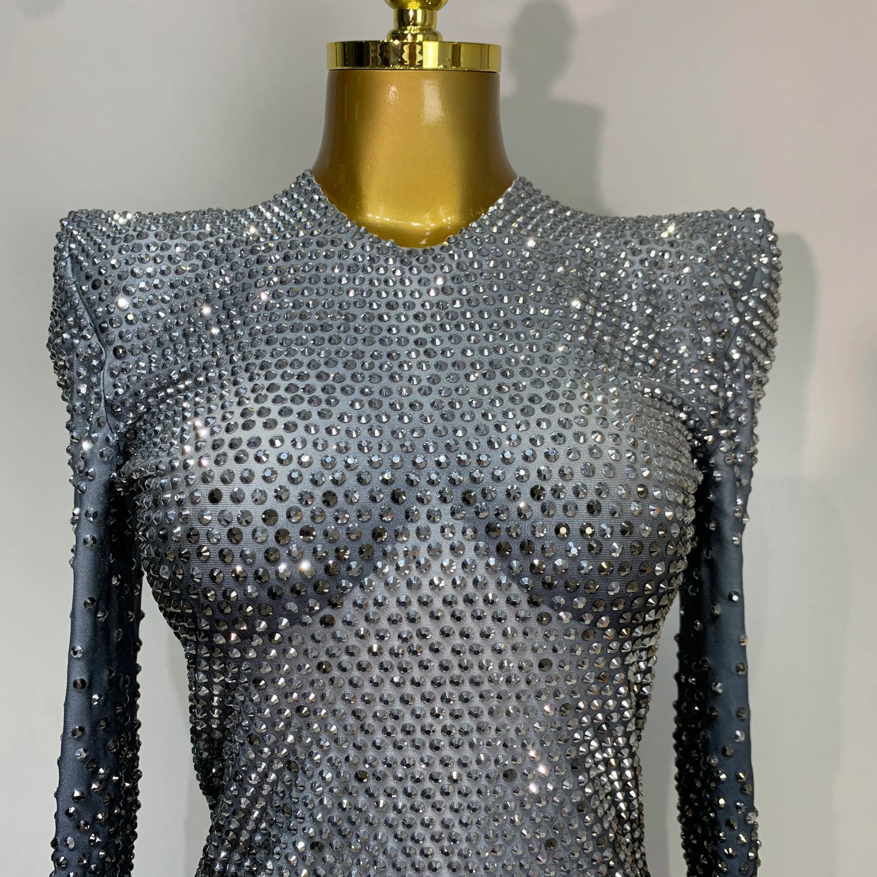 Sparkle Silver Rhinestones Stretch Bodysuits 2025 Women Luxury Birthday Evening Party Sexy Nightclub Singer Stage Costume