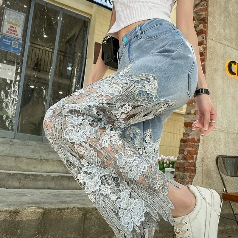 Pantalones para mujer y pierna recta capris con diamantes de imbéciles