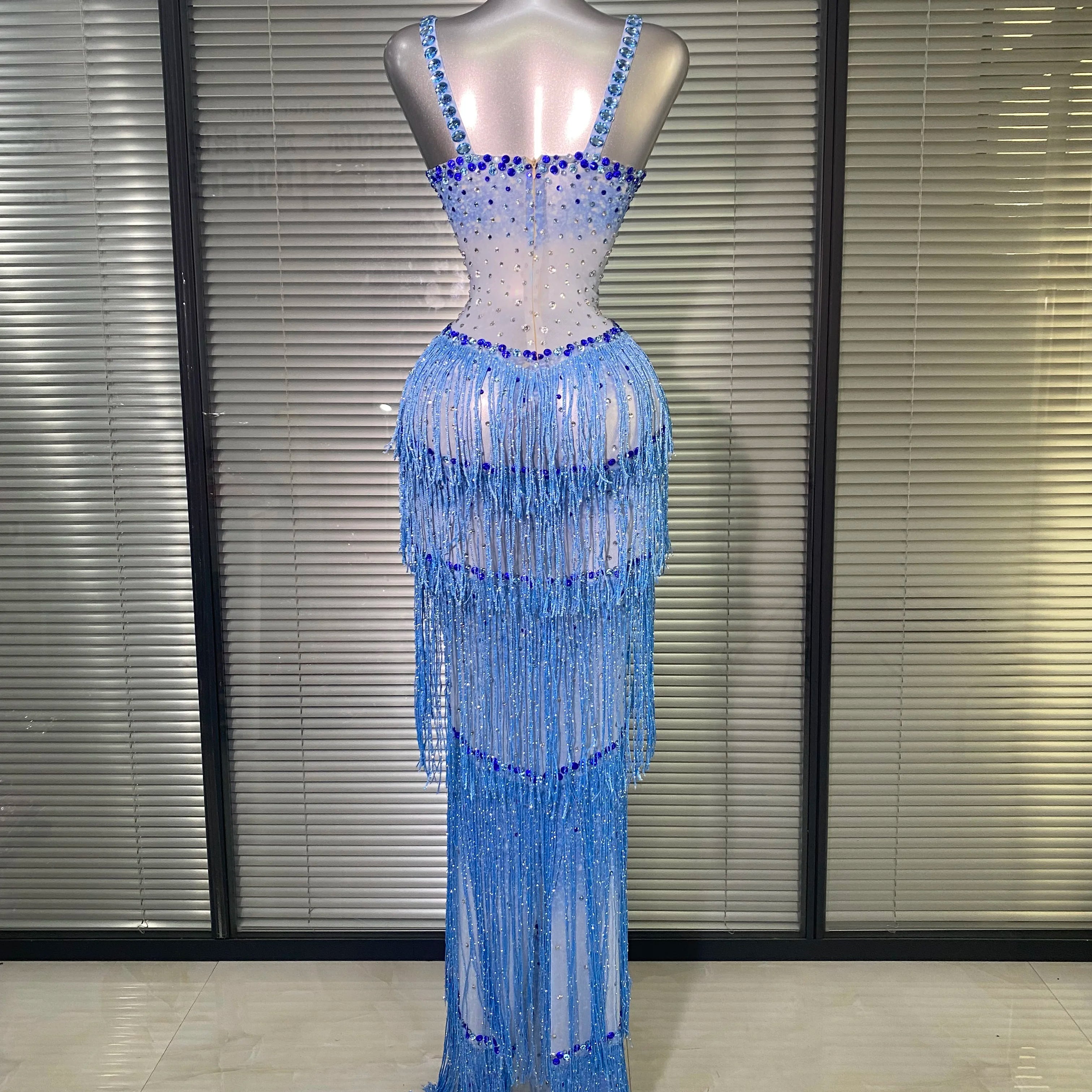 New Women Sexy Mesh Crystal Diamonds Maxi Dress See Through Blue Tassel Party Stage Costume Stage Performance Dress
