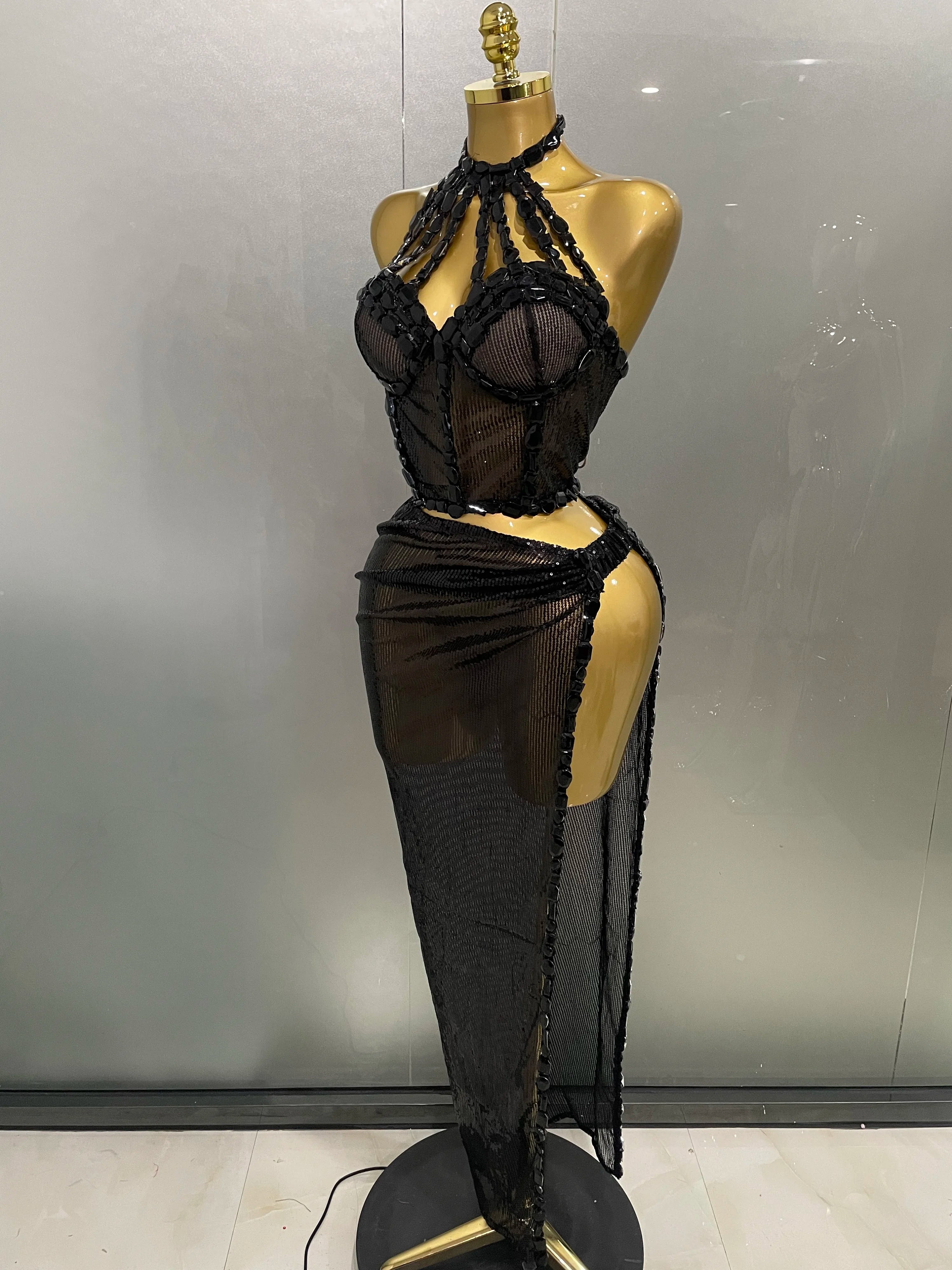 Sexy Luxury Shiny Diamond Sequins Cocktail Dress 2Pcs Set 2025New Women Evening Celebrate Birthday Party Nightclub Stage costume