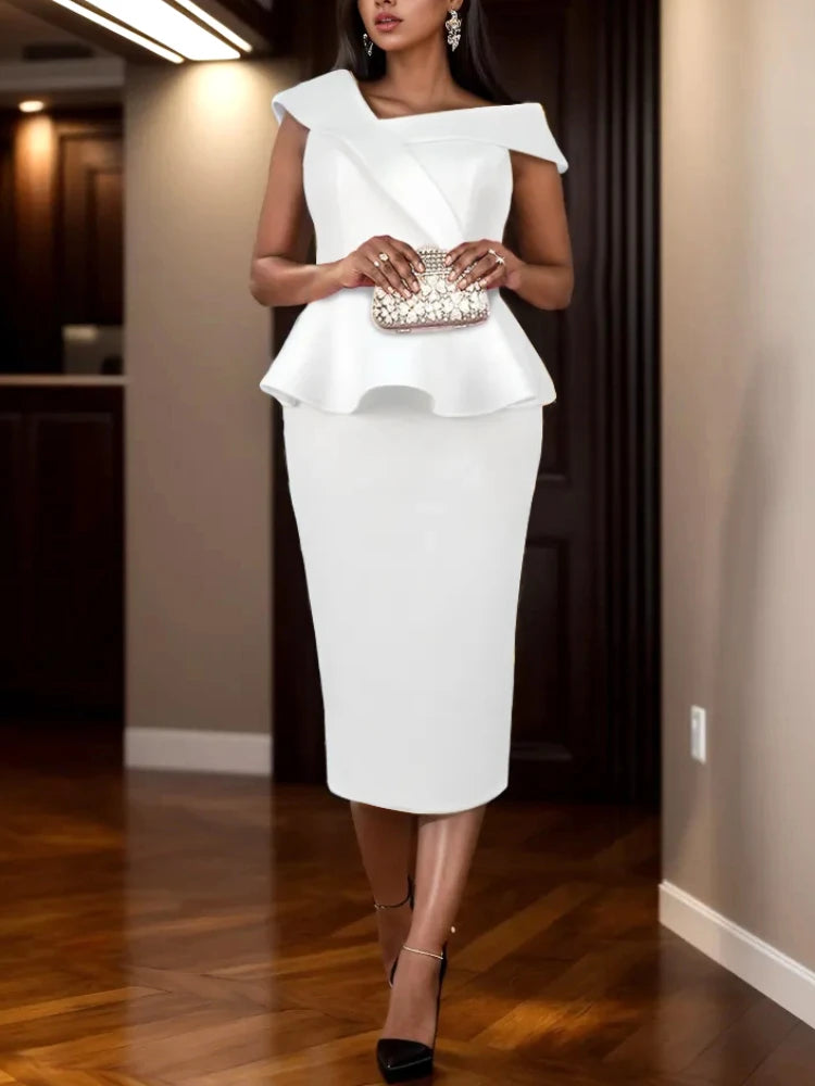 Plus Size White Dress Party Women's One Shoulder Short Sleeve Slim Fit Midi Dresses Elegant Birthday Club Evening Gowns White