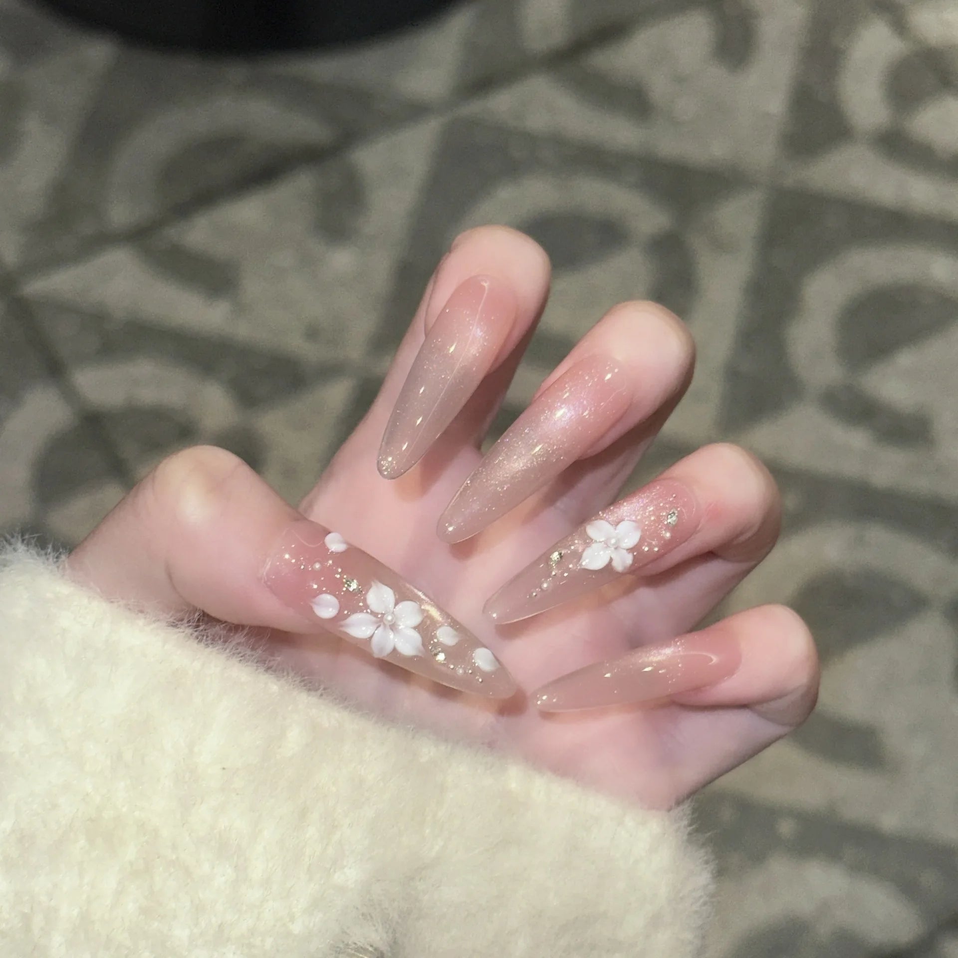 10Pcs Naked Color Cat Eye Glitter Handmade False Nails Long Stiletto Almond French White Flowers Fake Nails Tips Reusable Nails