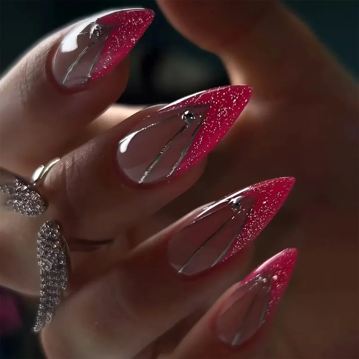 Exaggerate Punk Extra Long Pointed Fake Nails Art Dark Y2K Black Spider Centipede Rhinestone False Nail Press on Nails Manicure