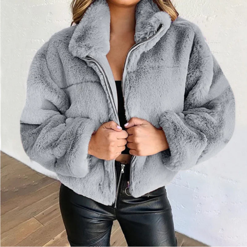 Autumn Winter Women's Faux Fur Zipper Cardigan Plush Warm Coat Large Size Female Solid Loose Short Thicken Jacket Lapel Outwear Grey