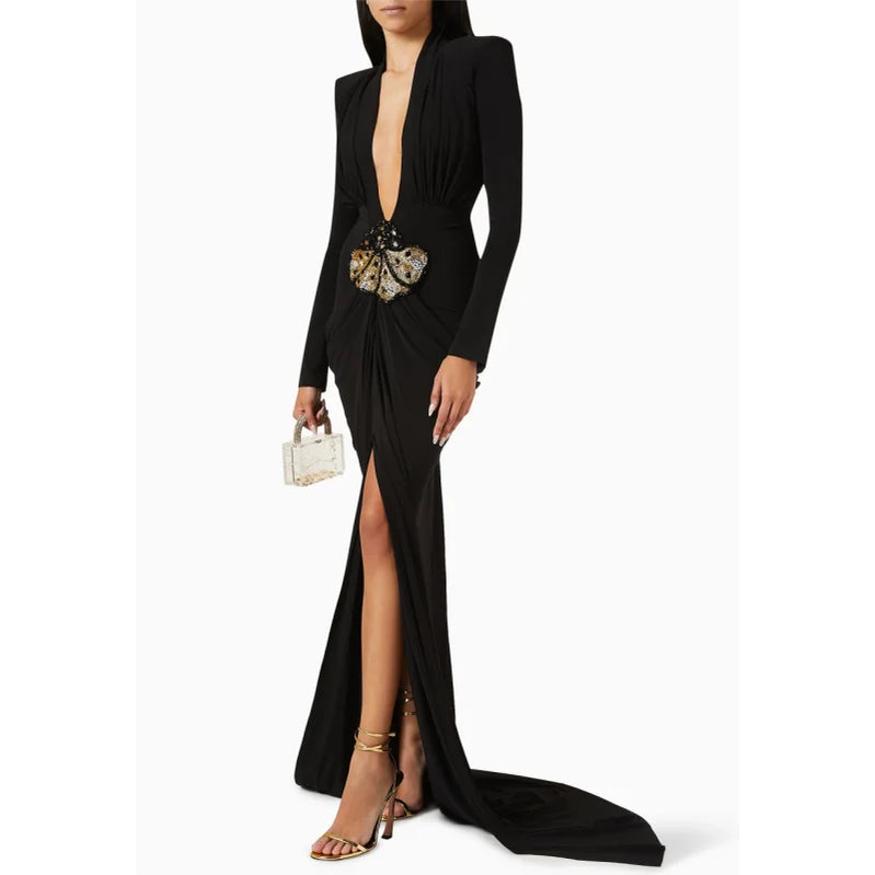2025 New Beaded Decoration Sexy V-Neck Package Hip Black Floor Length Dress Celebrity Party Dress Woman Cocktail Outfit