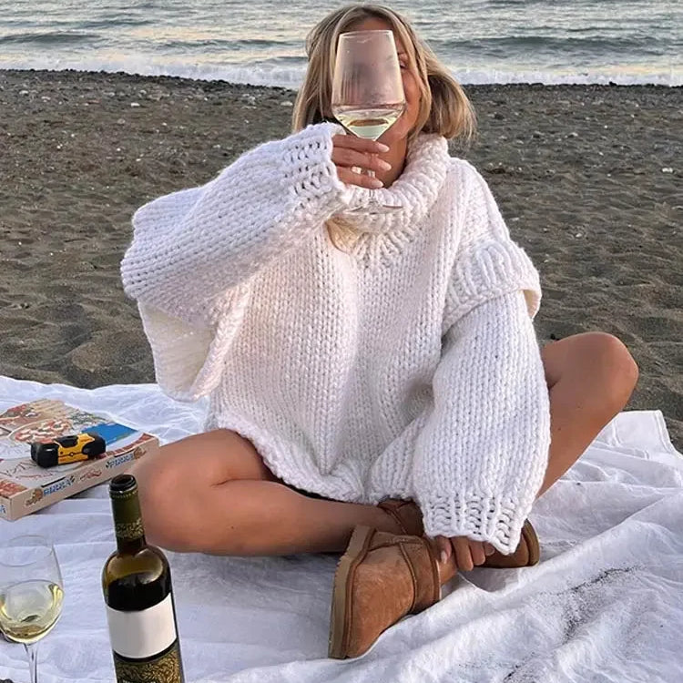 Solid Knit Turtlrneck Double Lantern Sleeve Women Pullover Thick Warm Oversized Loose Top Sweater 2023 Fall Winter Chic Knitwear CYD8654-WE