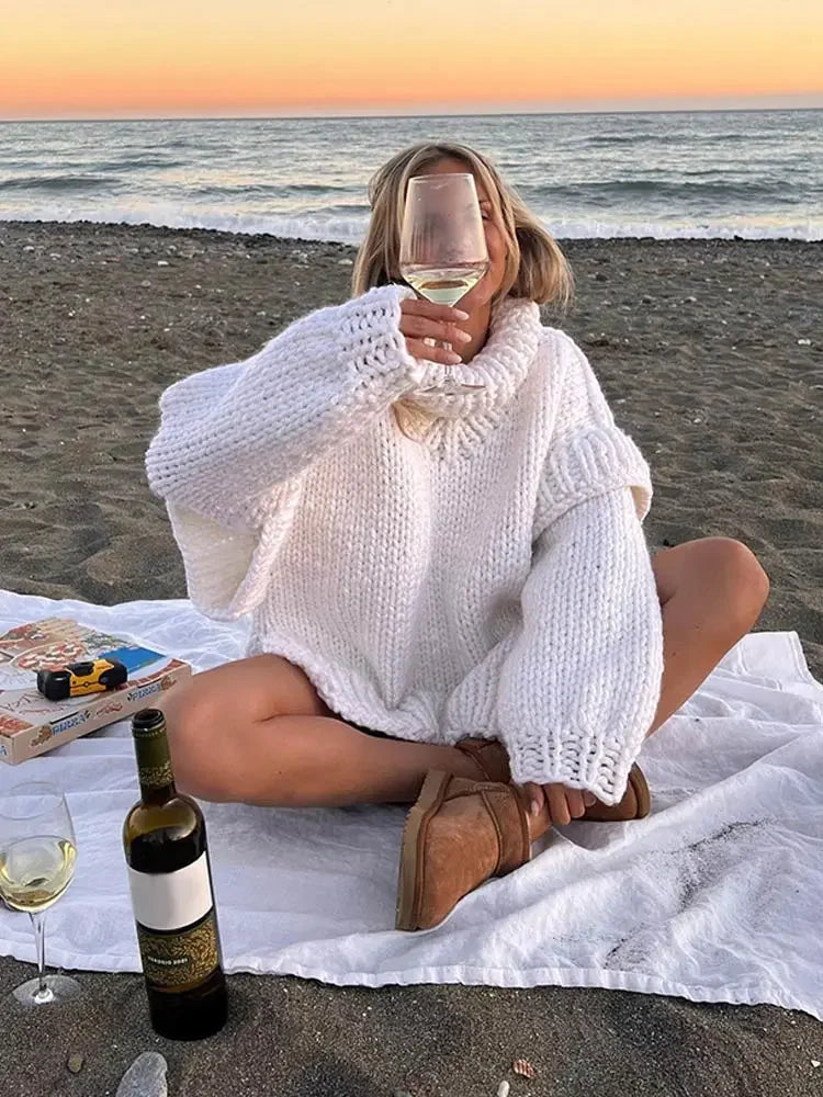 Solid Knit Turtlrneck Double Lantern Sleeve Women Pullover Thick Warm Oversized Loose Top Sweater 2023 Fall Winter Chic Knitwear CYD8654-WE