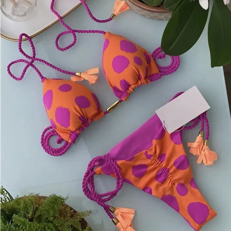 Sexy Swimsuit Women Triangle Bikinis Set Thong Bandage Swimsuits Solid Color Bath Suit Two Piece String Swimear Beach Wear 8249