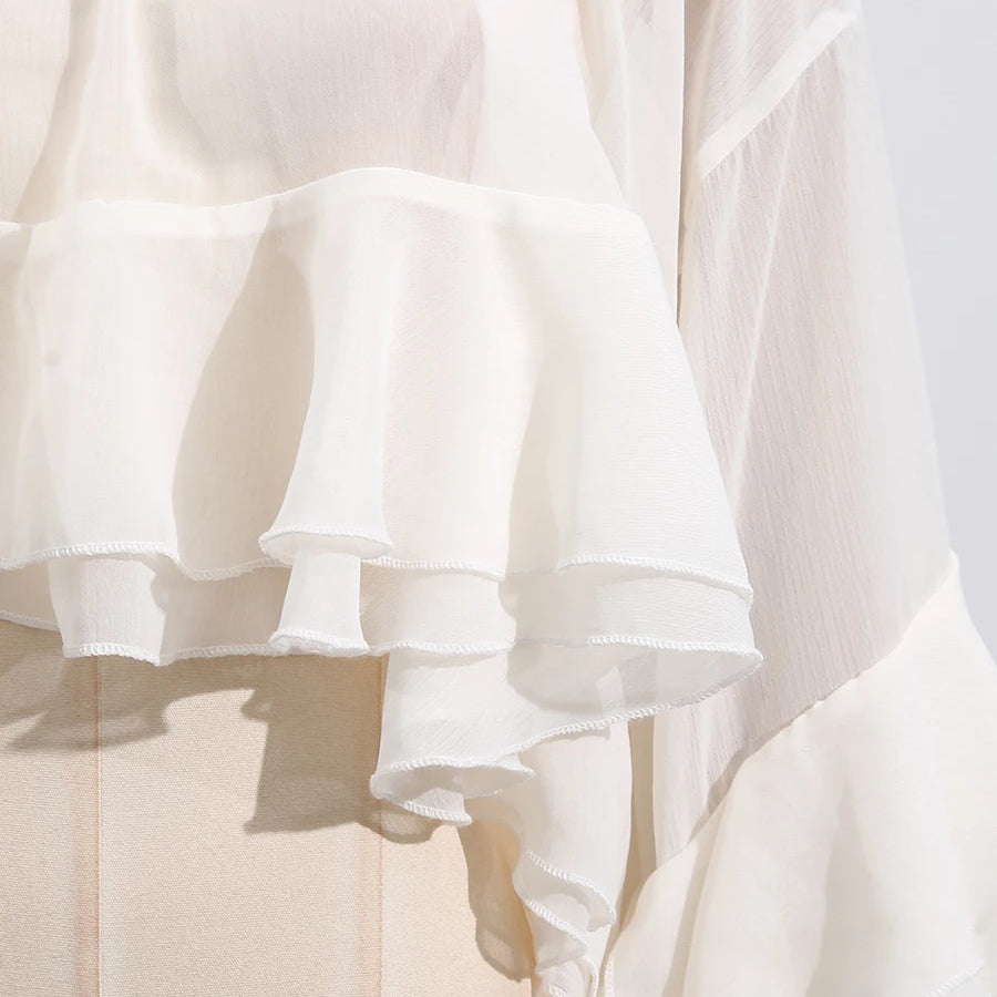 TWOTWINSTYLE Solid Loose Sheer Blouses for Women High Neck Long Sleeves Patchwork Ruffles Folds Elegant Blouse Female Clothing