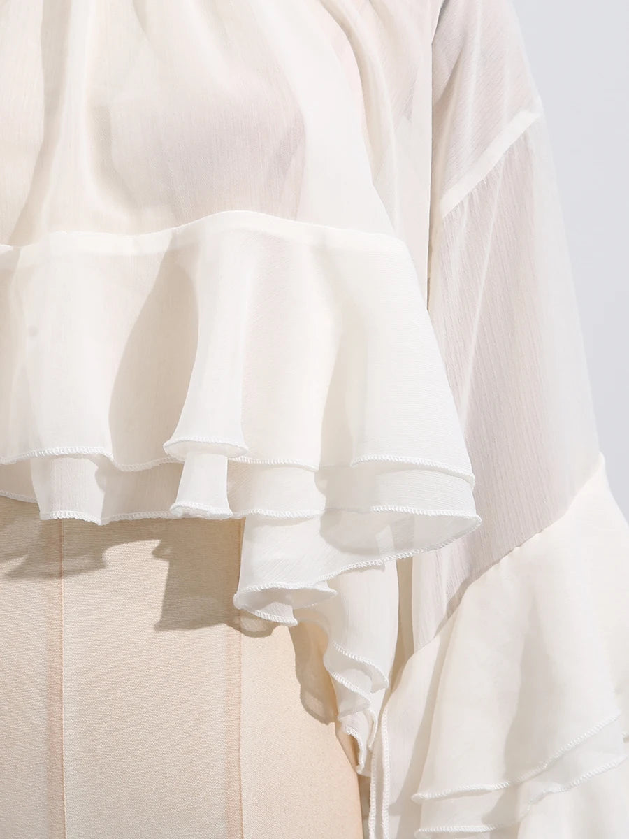 TWOTWINSTYLE Solid Loose Sheer Blouses for Women High Neck Long Sleeves Patchwork Ruffles Folds Elegant Blouse Female Clothing