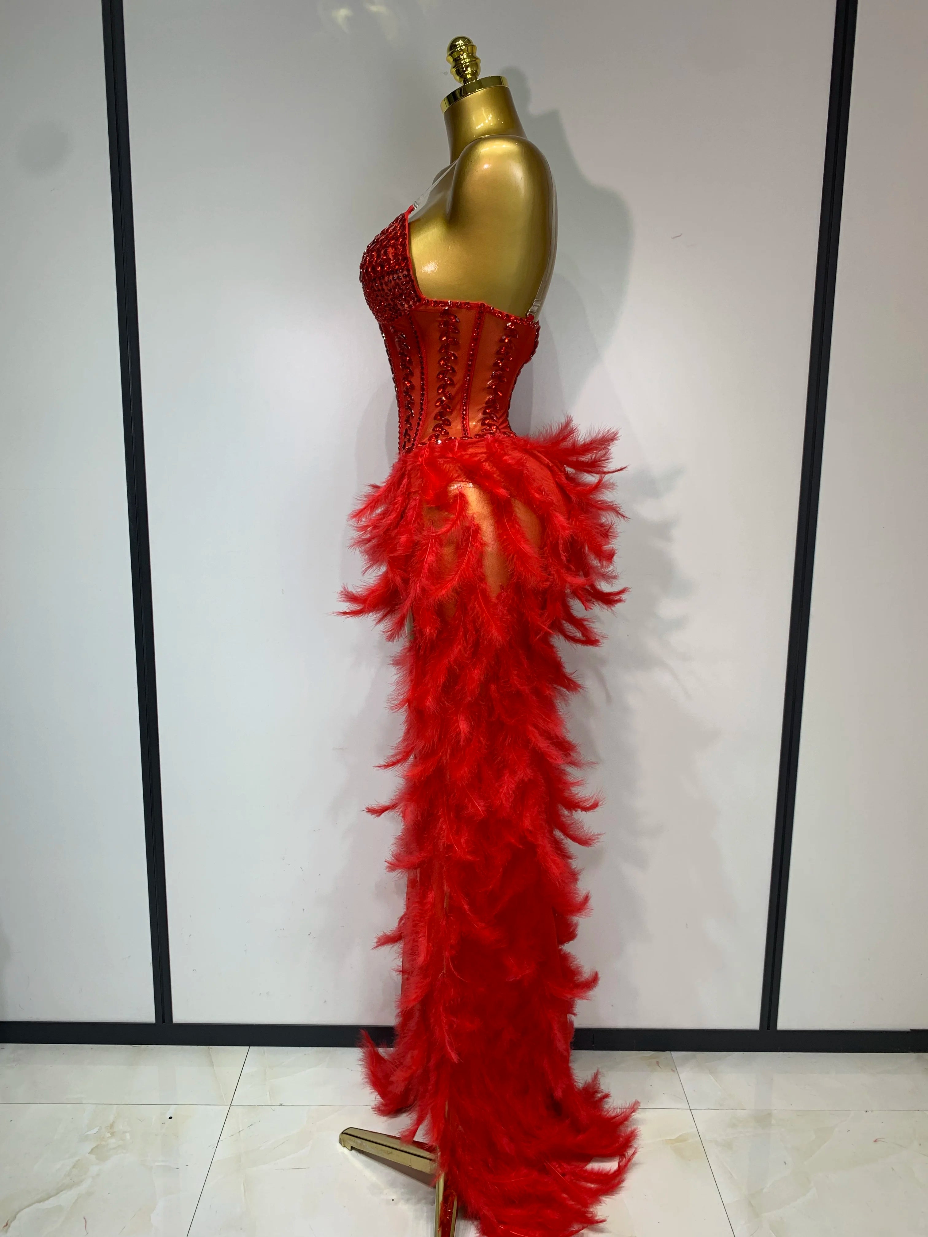 Sparkly Rhinestones Bodysuit Feathers Long Tail Dress Sexy Mesh Transparent Evening Party Celebrate Birthday Dress Stage Outfit