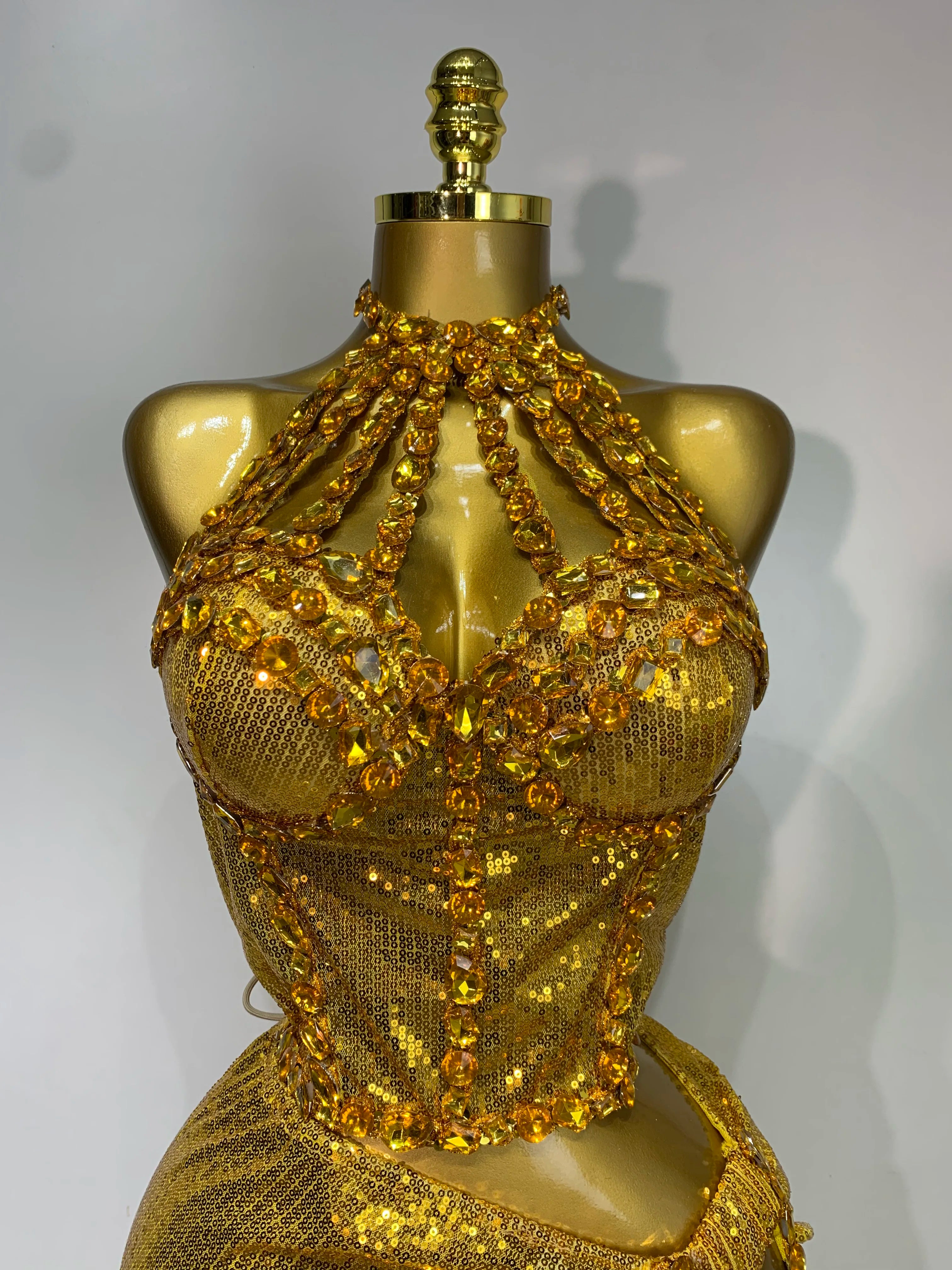 Ensemble deux pièces pour femme, haut et jupe longue à strass dorés scintillants, costume de danseuse, de chanteuse, de discothèque, robe d'anniversaire de luxe