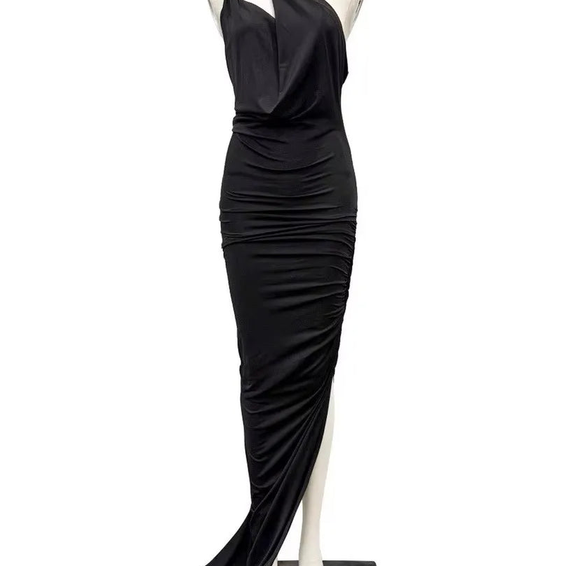 TWOTWINSTYLE Solid Slimming Spliced Folds Irregular Dresses for Women Diagonal Collar Sleeveless Split Dress Femlae Clothing New