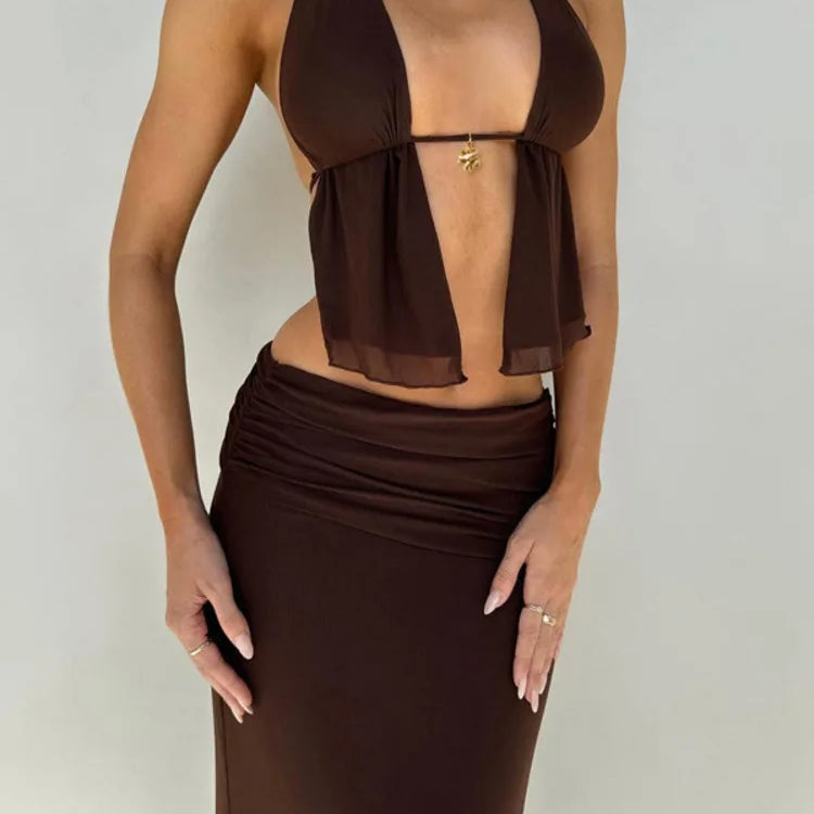 Hollow Out Lace-up Sexy Skirt 2 Piece Sets Women Brown Halter Crop Tops And Maxi Skirt Female Skinny Sexy Two Piece Set