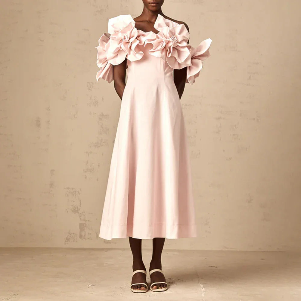 Solid Slimming Elegant Dresses for Women Strapless Off Shoulder Patchwork 3D Flowers Fashion Dress Female Clothing