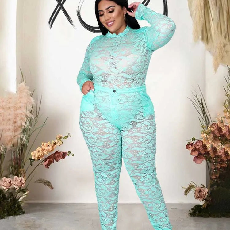 Chic and Elegant Woman Set Night Club Wear Plus Size Women Hot Outfit Transparent Lace Bodysuit and Pants Sexy Festival Outfit