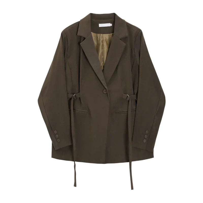 LANMREM Belt Spliced Design Blazer Women Vintage Notched Collar Single Button Coat Fashion Spring New Clothing 2AA4613 Coffee