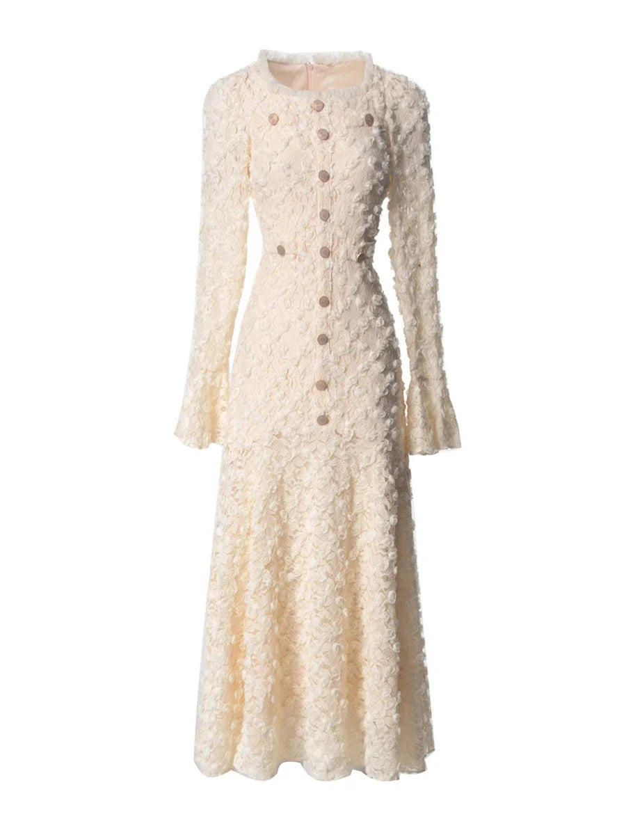 Solid Slimming Spliced Appliques Dresses for Women Round Neck Long Sleeves Patchwork Single Breasted Dress Female