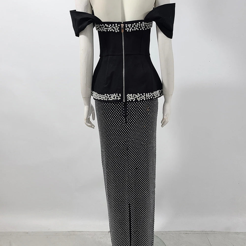 Women Sexy Off Shoulder Pearl Diamond Black Maxi Long Bandage Two Piece Set 2025 Elegant Evening Club Party Prom Gowns