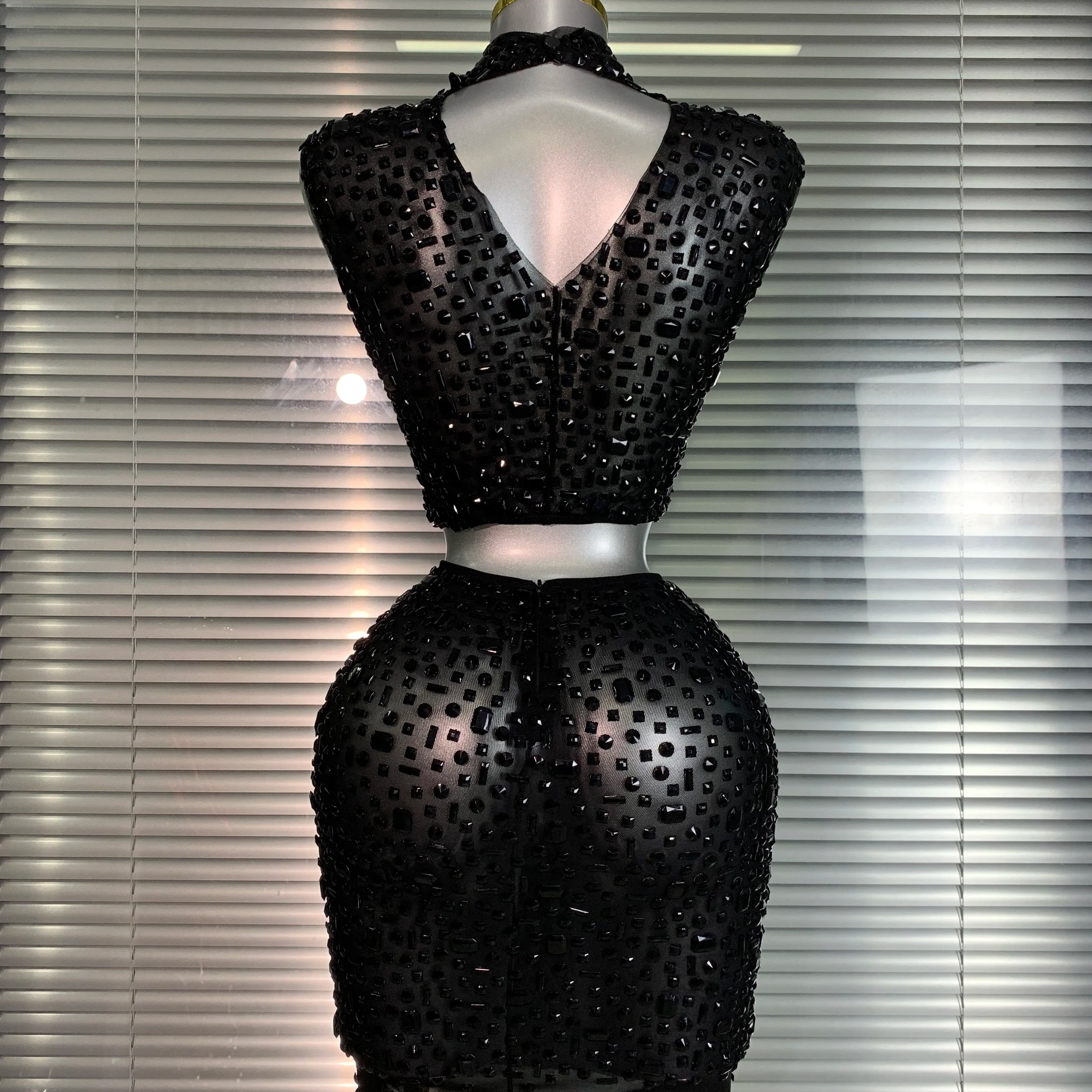Women Sexy Two Pieces Set Women Black Crystal Diamond Night Club Skirt Suits Singer Dancer See Through Stage Performance Costume