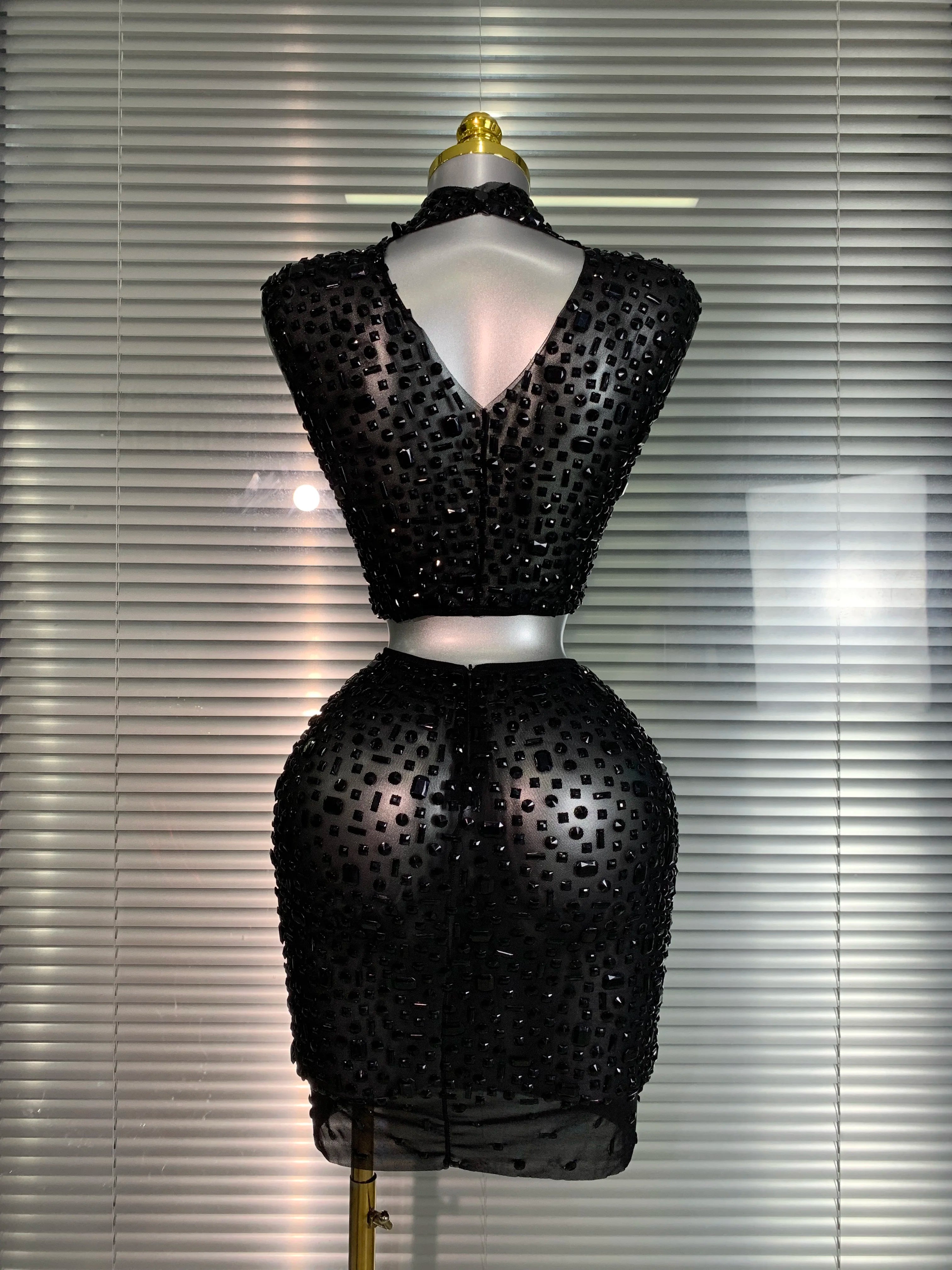 Women Sexy Two Pieces Set Women Black Crystal Diamond Night Club Skirt Suits Singer Dancer See Through Stage Performance Costume