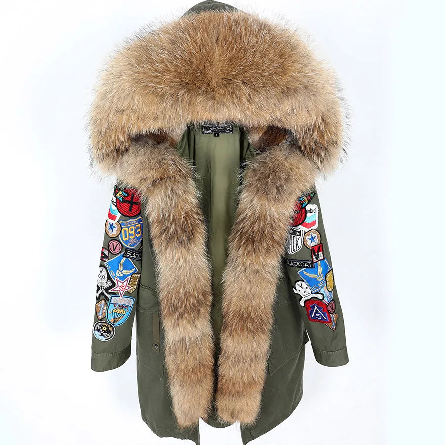 Maomaokong Natural Pescoon Fur-kaulus Naisten takki X-mittainen kirjonta Suuri oikea turkki huputettu Parkas Winter Coat