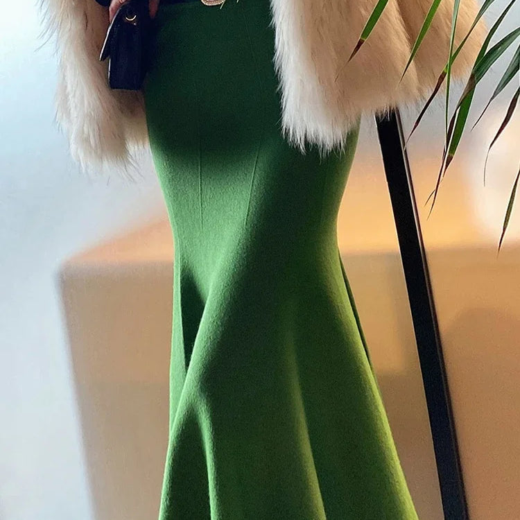 Women's Skirts Autumn Winter Fashion Knitted Long Skirts for Women Green Vintage Slim Korean Style A-LINE Fishtail Skirt green One Size