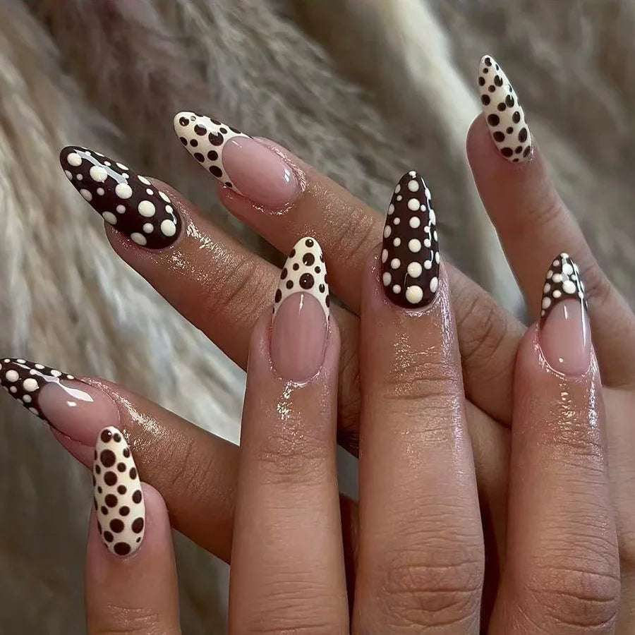 24Pcs Mid-length Stiletto Nails Set Press on French Wine Red Polka Dot False Nails 3D Cherry Reusable Full Cover Fake Nails Tips