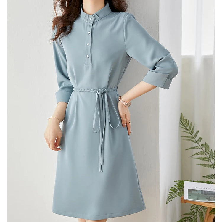 Elegant Solid Lace-up Slim Waist Dress Women Summer Straight Stand Collar Long Sleeve Office Ladies Vintage Dresses Blue
