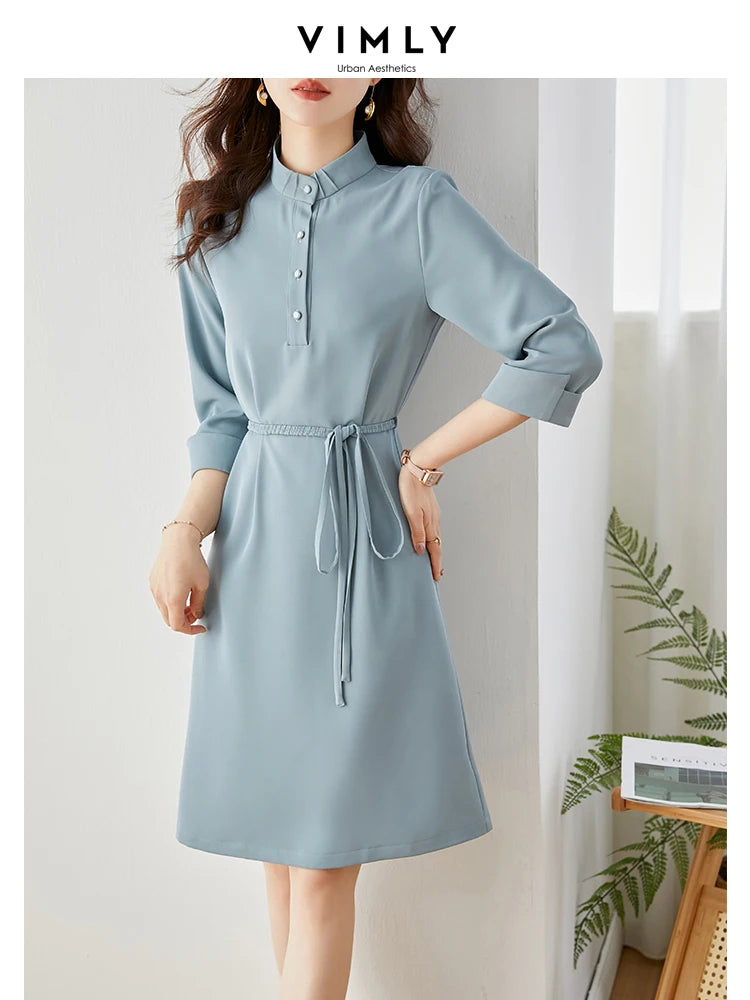 Elegant Solid Lace-up Slim Waist Dress Women Summer Straight Stand Collar Long Sleeve Office Ladies Vintage Dresses Blue